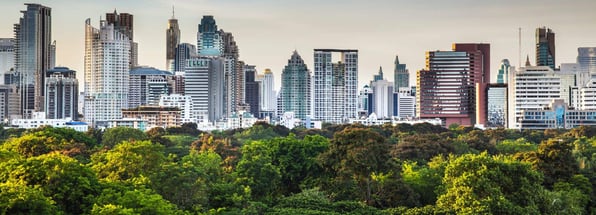 An image of a city skyline with green trees in the foreground